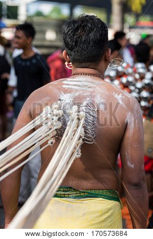 Georgetown Penang Malaysia - February 9 2017 : Hindu devotee taking part in the Thaipusam festival on February 9 2017 in Malaysia. Hindu festival to worship God Muruga.