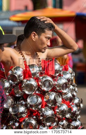 Georgetown Penang Malaysia - February 9 2017 : Hindu devotee taking part in the Thaipusam festival on February 9 2017 in Malaysia. Hindu festival to worship God Muruga.