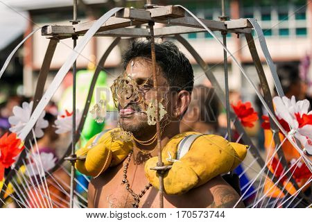Georgetown Penang Malaysia - February 9 2017 : Hindu devotee taking part in the Thaipusam festival on February 9 2017 in Malaysia. Hindu festival to worship God Muruga.