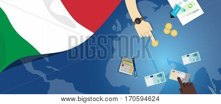 Italy economy fiscal money trade concept illustration of financial banking budget with flag map and currency vector