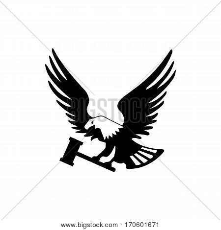 Eagle bird with hammer isolated on white backgroundicon. heraldic emblem of powerful wild falcon with stretching clutches. Symbol of eagle hawk predator for sport team mascot shield, company badge, guard service, hunting club label