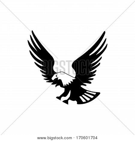 Eagle bird isolated on white backgroundicon. heraldic emblem of powerful wild falcon with stretching clutches. Symbol of eagle hawk predator for sport team mascot shield, company badge, guard service, hunting club label