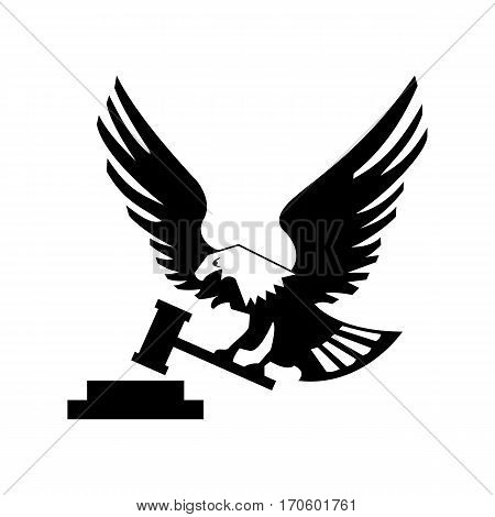 Eagle bird with hammer and anvil isolated on white backgroundicon. heraldic emblem of powerful wild falcon with stretching clutches. Symbol of eagle hawk predator for sport team mascot shield, company badge, guard service, hunting club label