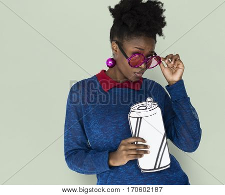 African Woman with Sunglasses Holding a Can Beverage