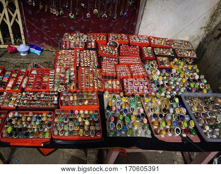 Various kind and colourful of gemstones and agate sold in traditional market in Bogor Indonesia java
