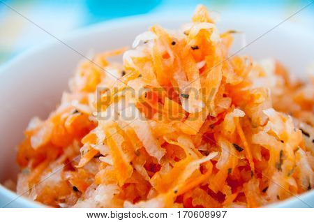 Carrot Salad And Loby In A White Plate On The Table