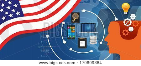 USA America IT information technology digital infrastructure connecting business data via internet network using computer software an electronic innovation vector