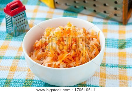 Carrot Salad And Loby In A White Plate On The Table
