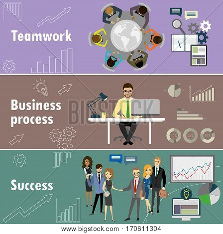 Flat Banner Set With Teamwork, Business Process And Success