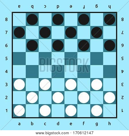 American checkers or Russian draughts game. White and black pieces set on blue 8x8 board. Top view. Flat design. Vector illustration. EPS 8 no transparency