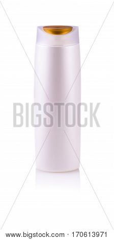 white bottle of shampoo with a brilliant carved lid on a white background
