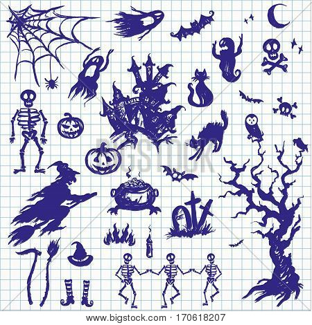 Happy Halloween designs set with various elements of holiday.drawn on notebook sheet style. Stock vector illustration