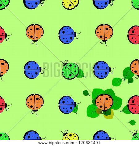 God Ladybug On A Leaf. Seamless Pattern