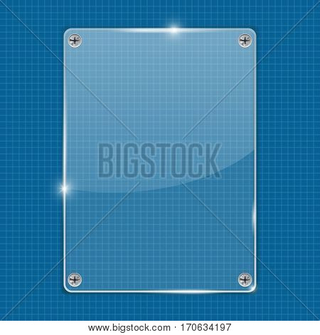 Transparent acrylic plate on blue grid background. Vector illustration
