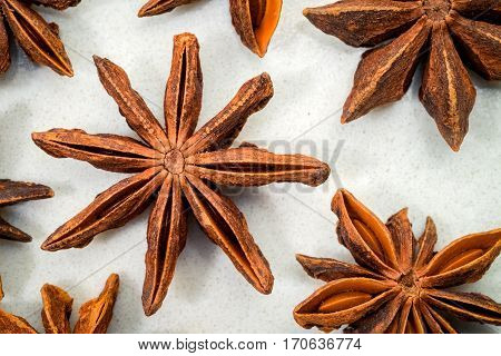 Multiple Star anise arranged on white background