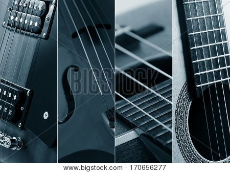 Music Collage. Collage of photos of tinted blue guitar and amp