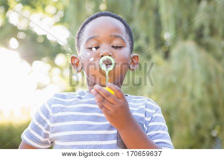 Boy making bubble with bubble wand in a park on a sunny day