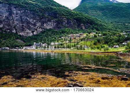 Geiranger fjord, Beautiful Nature Norway panorama. It is a 15-kilometre (9.3 mi) long branch off of the Sunnylvsfjorden, which is a branch off of the Storfjorden (Great Fjord).