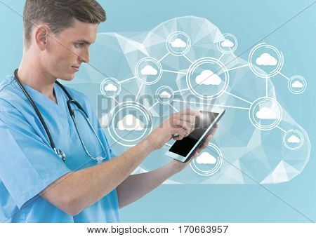 Digital composite image of doctor using digital tablet against cloud computing icons on blue background