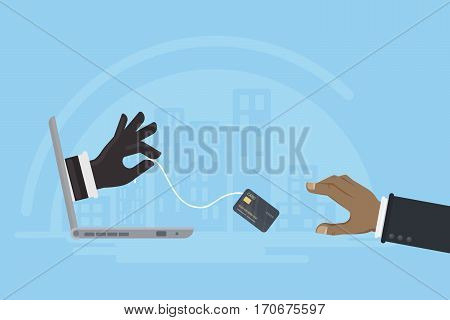 Credit card stealing. Thief steals money from the credit card through the man's laptop.