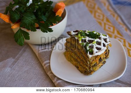 Pie Beef Liver With Onions And Tuschenym Markovka On A Plate Decorated With Mayonnaise. Liver Cake.