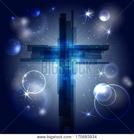 Abstract cross with rays stars and particles. The symbol of the Christian religion. Vector design. Night sky space.