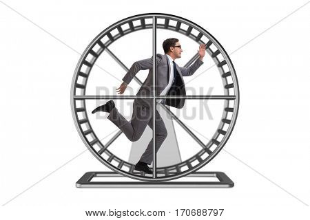 Business concept with businessman running on hamster wheel