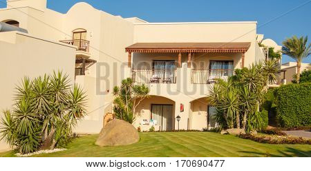 EGYPT, SHARM EL SHEIKH - JULY 19, 2015: Buildings and Area Hotel Jaz Belvedere in Sharm El Sheikh, Popular Center of a Beach Holiday and Diving, Red Sea, Summer, Egypt