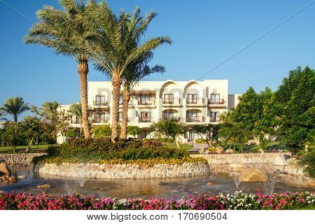 EGYPT, SHARM EL SHEIKH - JULY 19, 2015: Buildings and Area Hotel Jaz Belvedere in Sharm El Sheikh, Popular Center of a Beach Holiday and Diving, Red Sea, Summer, Egypt
