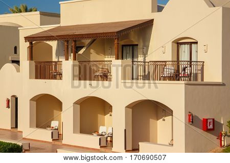 EGYPT, SHARM EL SHEIKH - JULY 19, 2015: Buildings and Area Hotel Jaz Belvedere in Sharm El Sheikh, Popular Center of a Beach Holiday and Diving, Red Sea, Summer, Egypt