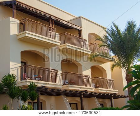 EGYPT, SHARM EL SHEIKH - JULY 19, 2015: Buildings and Area Hotel Jaz Belvedere in Sharm El Sheikh, Popular Center of a Beach Holiday and Diving, Red Sea, Summer, Egypt