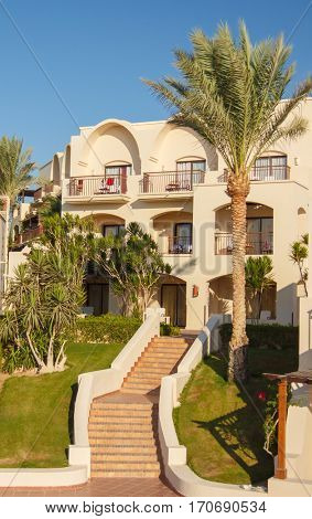 EGYPT, SHARM EL SHEIKH - JULY 19, 2015: Buildings and Area Hotel Jaz Belvedere in Sharm El Sheikh, Popular Center of a Beach Holiday and Diving, Red Sea, Summer, Egypt