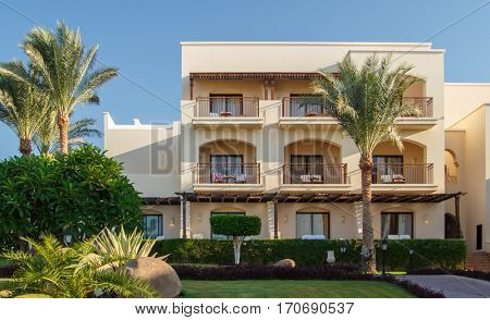EGYPT, SHARM EL SHEIKH - JULY 19, 2015: Buildings and Area Hotel Jaz Belvedere in Sharm El Sheikh, Popular Center of a Beach Holiday and Diving, Red Sea, Summer, Egypt