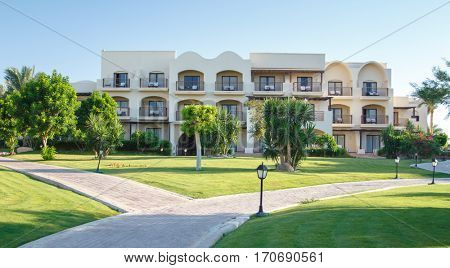 EGYPT, SHARM EL SHEIKH - JULY 19, 2015: Buildings and Area Hotel Jaz Belvedere in Sharm El Sheikh, Popular Center of a Beach Holiday and Diving, Red Sea, Summer, Egypt