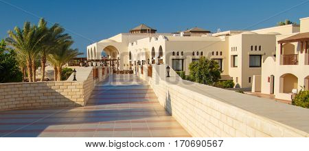 EGYPT, SHARM EL SHEIKH - JULY 19, 2015: Buildings and Area Hotel Jaz Belvedere in Sharm El Sheikh, Popular Center of a Beach Holiday and Diving, Red Sea, Summer, Egypt
