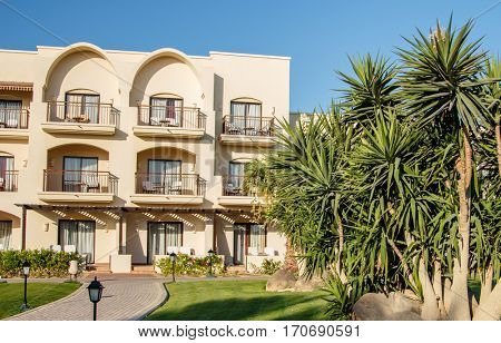 EGYPT, SHARM EL SHEIKH - JULY 19, 2015: Buildings and Area Hotel Jaz Belvedere in Sharm El Sheikh, Popular Center of a Beach Holiday and Diving, Red Sea, Summer, Egypt