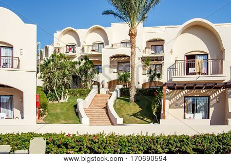 EGYPT, SHARM EL SHEIKH - JULY 19, 2015: Buildings and Area Hotel Jaz Belvedere in Sharm El Sheikh, Popular Center of a Beach Holiday and Diving, Red Sea, Summer, Egypt