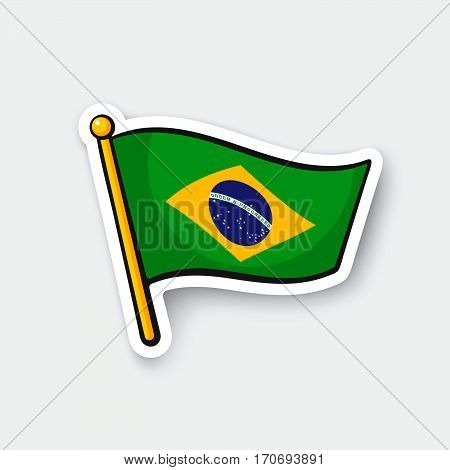 Vector illustration. Flag of Brazil on flagstaff. Location symbol for travelers. Cartoon sticker with contour. Decoration for greeting cards posters patches prints for clothes emblems
