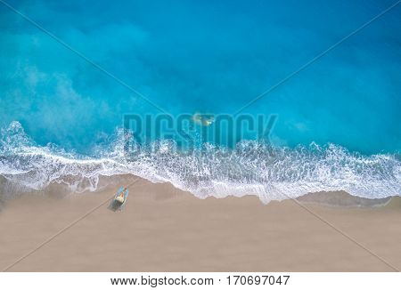 Aerial of Kathisma beach in Lefkada island Greece 