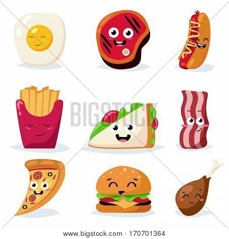 Fast food colorful emoticon face flat design icons set. Emoticon fast food funny elements vector character. Different emotions collection fast food characters smile fun steak bacon hot dog.