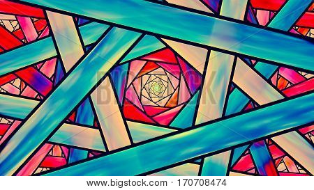 Colorful stained glass fractal teal and orange cinematic style computer generated abstract background 3D render