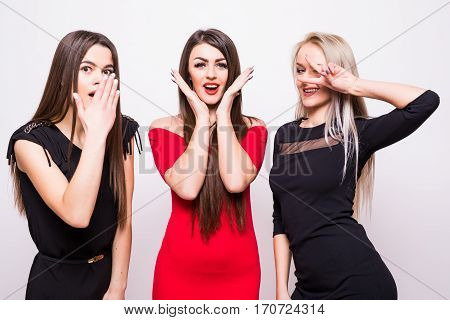 Three Fashion Models In  Night Dresses Have Fun On Camera.