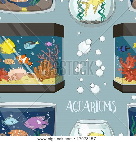 Glass Aquarium Set pattern. Different Form for Interior Home. Set of Fish and blue water.