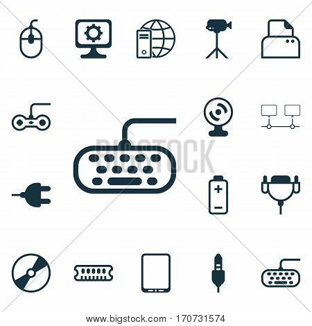 Set Of 16 Computer Hardware Icons. Includes File Scanner, Cellphone, Aux Cord And Other Symbols. Beautiful Design Elements.