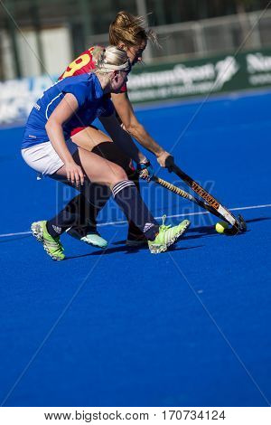 VALENCIA, SPAIN - FEBRUARY 5: (R) Maria Lopez during Hockey World League Round 2 match between Spain and Czech Republic at Betero Stadium on February 5, 2017 in Valencia, Spain