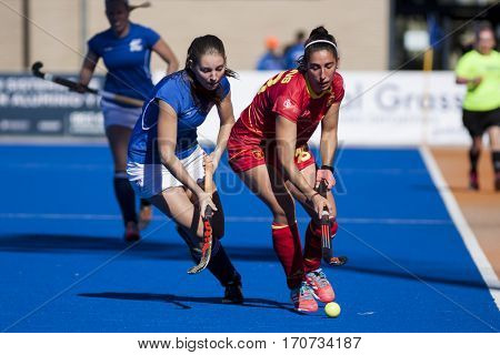 VALENCIA, SPAIN - FEBRUARY 5: (L) Hanzlova, (R) Pons during Hockey World League Round 2 match between Spain and Czech Republic at Betero Stadium on February 5, 2017 in Valencia, Spain