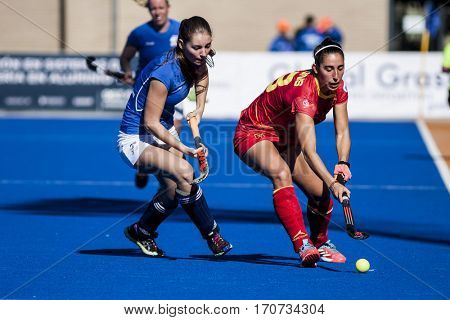 VALENCIA, SPAIN - FEBRUARY 5: (L) Hanzlova, (R) Pons during Hockey World League Round 2 match between Spain and Czech Republic at Betero Stadium on February 5, 2017 in Valencia, Spain