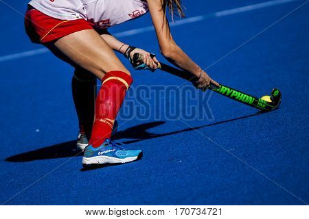 VALENCIA, SPAIN - FEBRUARY 5: Spanish player during Hockey World League Round 2 match between Spain and Czech Republic at Betero Stadium on February 5, 2017 in Valencia, Spain