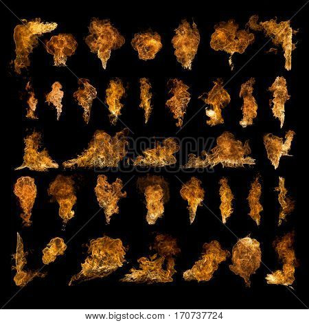 set of textures flames fire explosions fireballs in high resolution isolated on a black background