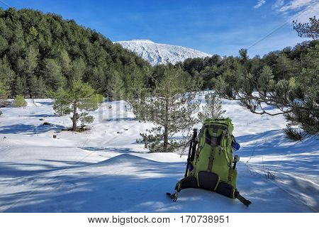 winter landscape with backpack in Etna Park, Sicily